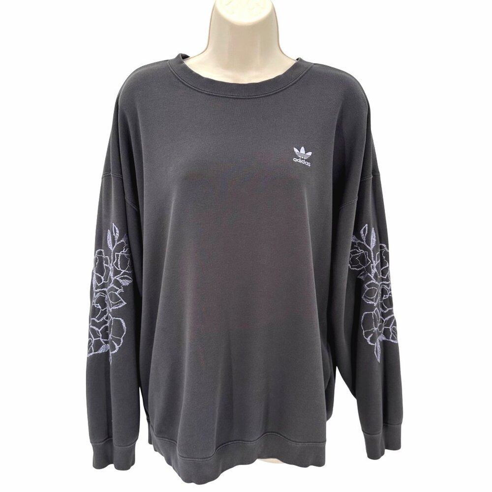 Adidas Womens Floral Embroidered Crewneck Sweatshirt Medium Gray